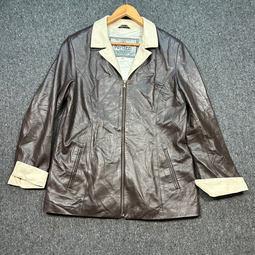 Peruzzi Leather Jacket‎ 44 L Womens Brown Cream Zip Up Made in Italy Florentine